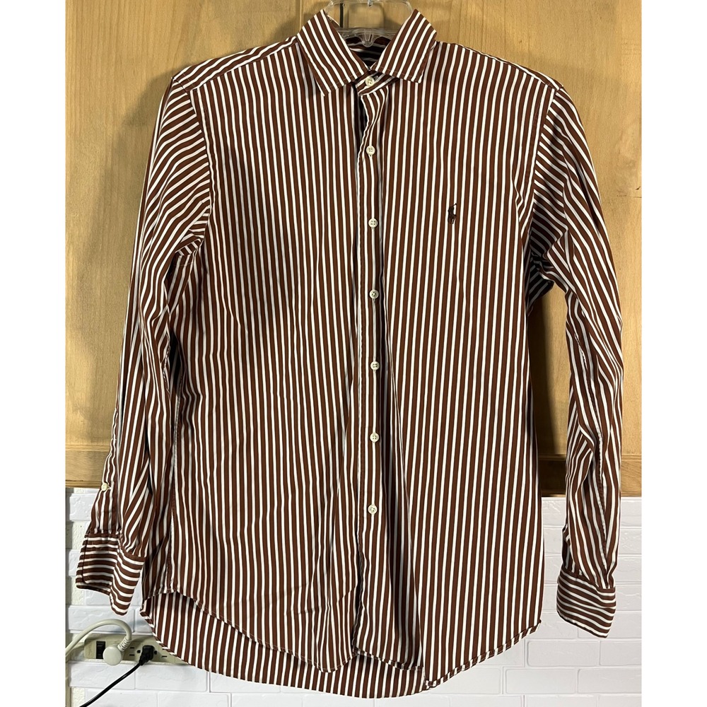 Polo Ralph Lauren Button Down Mens Size M Brown White Striped Classic Fit Shirt